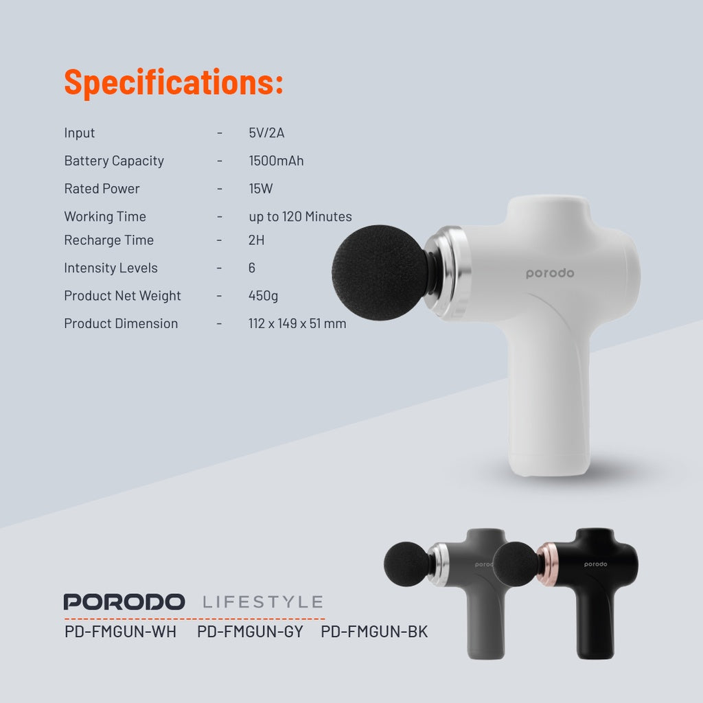 Porodo Lifestyle Precision Handheld Massager with 4 Interchangeable Head - White Porodo Lifestyle Precision Handheld Massager with 4 Interchangeable Head - White